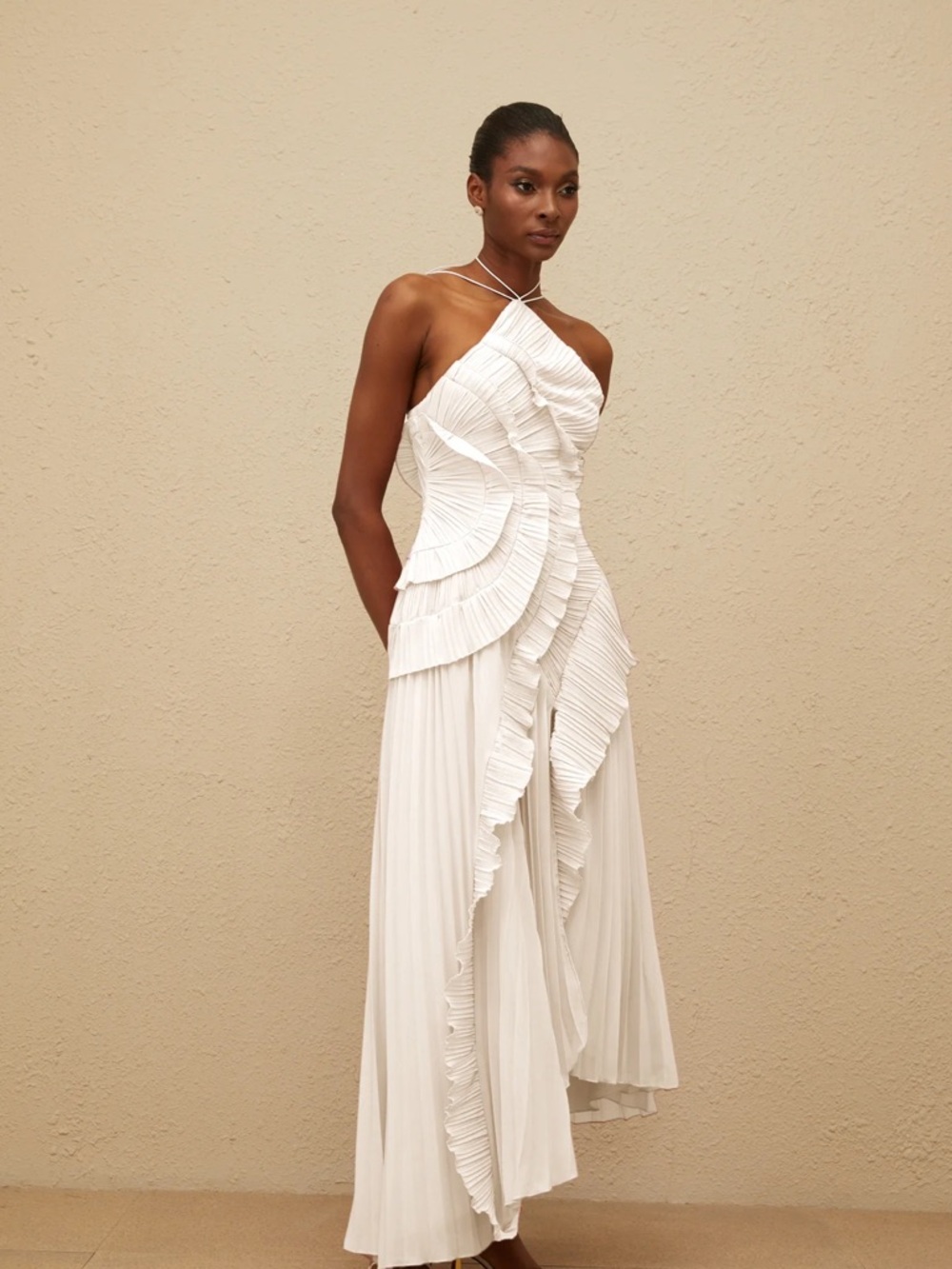 White One-Shoulder Pleated Ruffle Maxi Dress